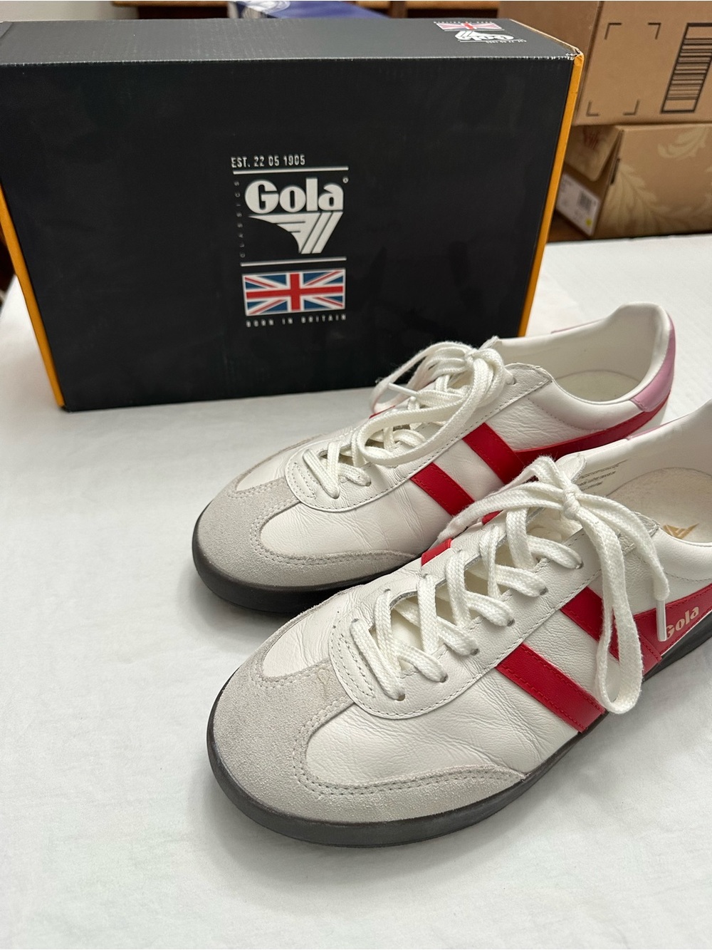 Gola White Trainer with Red Stripes and Pink Heel